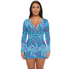 Flower Template Mandala Nature Blue Sketch Drawing Long Sleeve Boyleg Swimsuit by Bangk1t