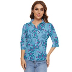 Flower Template Mandala Nature Blue Sketch Drawing Women s Quarter Sleeve Pocket Shirt