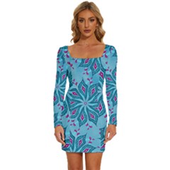 Flower Template Mandala Nature Blue Sketch Drawing Long Sleeve Square Neck Bodycon Velvet Dress by Bangk1t