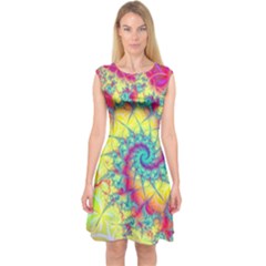 Fractal Spiral Abstract Background Vortex Yellow Capsleeve Midi Dress by Bangk1t