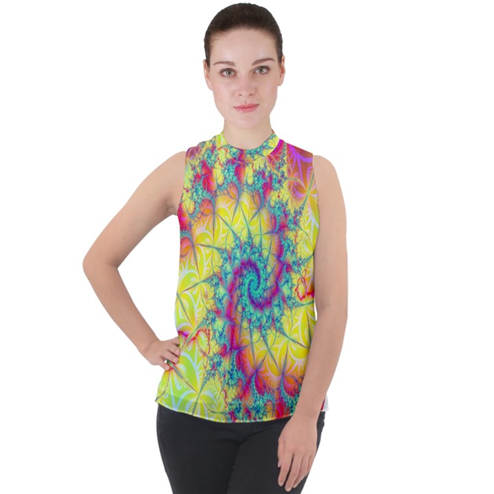 Fractal Spiral Abstract Background Vortex Yellow Mock Neck Chiffon Sleeveless Top