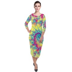 Fractal Spiral Abstract Background Vortex Yellow Quarter Sleeve Midi Velour Bodycon Dress by Bangk1t