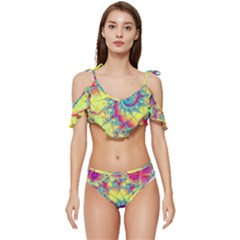 Fractal Spiral Abstract Background Vortex Yellow Ruffle Edge Tie Up Bikini Set	