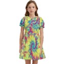 Fractal Spiral Abstract Background Vortex Yellow Kids  Bow Tie Puff Sleeve Dress View1