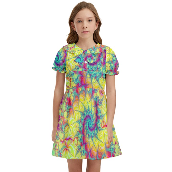 Fractal Spiral Abstract Background Vortex Yellow Kids  Bow Tie Puff Sleeve Dress