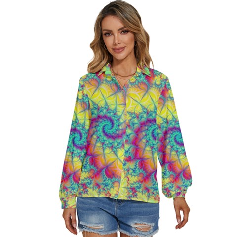 Fractal Spiral Abstract Background Vortex Yellow Women s Long Sleeve Button Up Shirt by Bangk1t