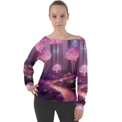 Trees Forest Landscape Nature Neon Off Shoulder Long Sleeve Velour Top by Bangk1t