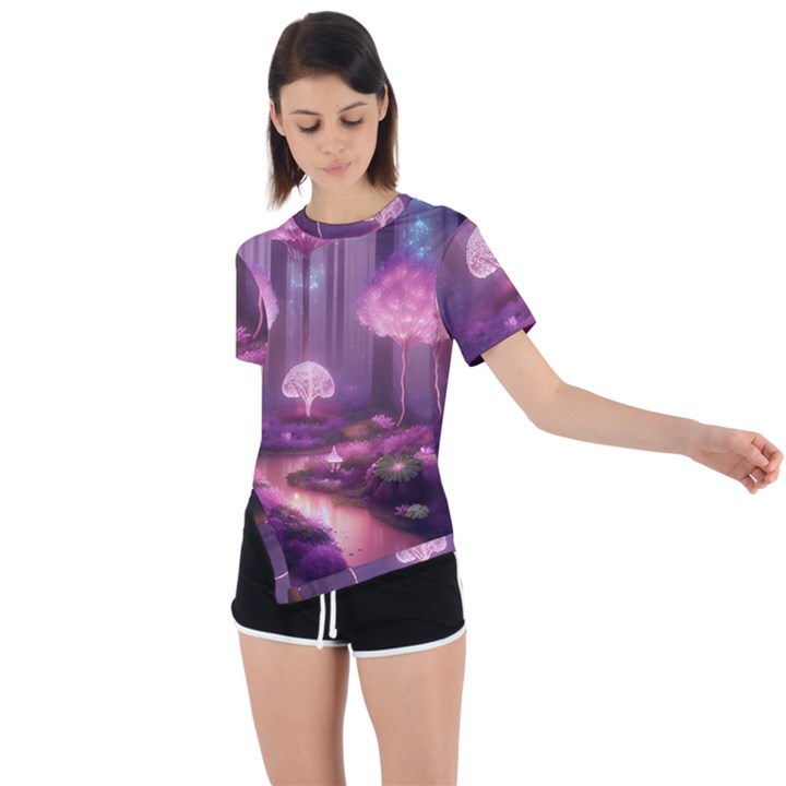 Trees Forest Landscape Nature Neon Asymmetrical Short Sleeve Sports Tee