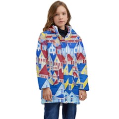 City Houses Cute Drawing Landscape Village Kids  Hooded Longline Puffer Jacket by Bangk1t