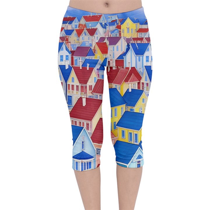 City Houses Cute Drawing Landscape Village Velvet Capri Leggings 