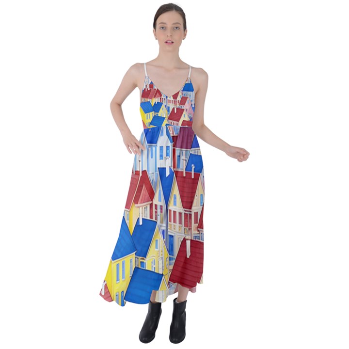 City Houses Cute Drawing Landscape Village Tie Back Maxi Dress