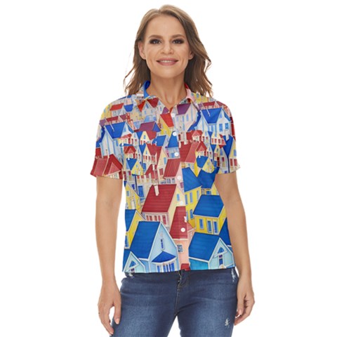 City Houses Cute Drawing Landscape Village Women s Short Sleeve Double Pocket Shirt by Bangk1t