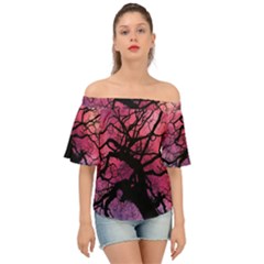 Trees Silhouette Sky Clouds Sunset Off Shoulder Short Sleeve Top by Bangk1t