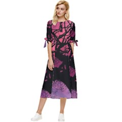 Trees Silhouette Sky Clouds Sunset Bow Sleeve Chiffon Midi Dress by Bangk1t