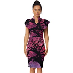 Trees Silhouette Sky Clouds Sunset Vintage Frill Sleeve V-neck Bodycon Dress by Bangk1t