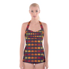 Autumn Fall Leaves Season Background Glitter Art Boyleg Halter Swimsuit  by Bangk1t