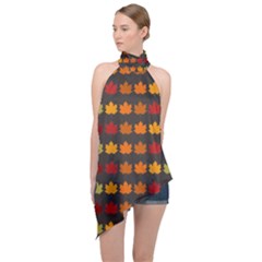 Autumn Fall Leaves Season Background Glitter Art Halter Asymmetric Satin Top by Bangk1t