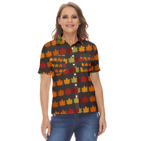 Autumn Fall Leaves Season Background Glitter Art Women s Short Sleeve Double Pocket Shirt by Bangk1t