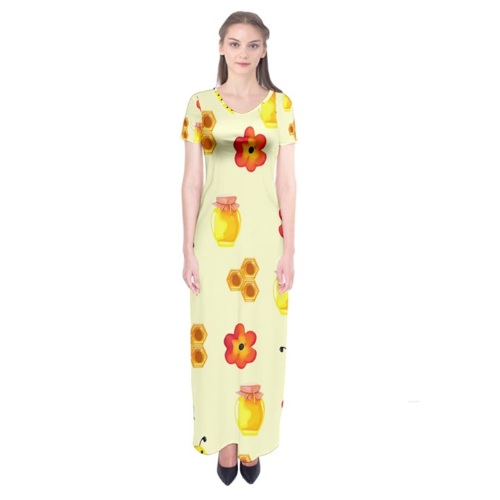 Seamless Background Honey Bee Wallpaper Texture Short Sleeve Maxi Dress