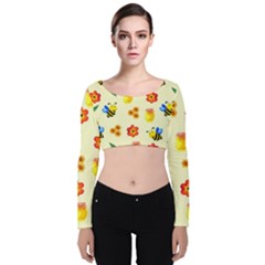 Seamless Background Honey Bee Wallpaper Texture Velvet Long Sleeve Crop Top by Bangk1t