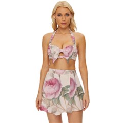 Roses Plants Vintage Retro Flowers Pattern Vintage Style Bikini Top And Skirt Set  by Bangk1t