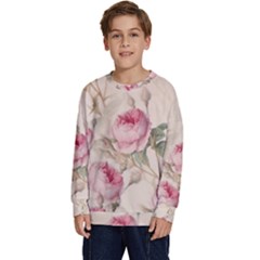 Roses Plants Vintage Retro Flowers Pattern Kids  Crewneck Sweatshirt