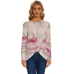 Roses Plants Vintage Retro Flowers Pattern Long Sleeve Crew Neck Pullover Top by Bangk1t