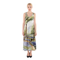 Trees Park Watercolor Lavender Flowers Foliage Sleeveless Maxi Dress by Bangk1t