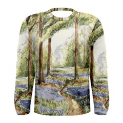 Trees Park Watercolor Lavender Flowers Foliage Men s Long Sleeve Tee