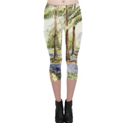 Trees Park Watercolor Lavender Flowers Foliage Capri Leggings  by Bangk1t