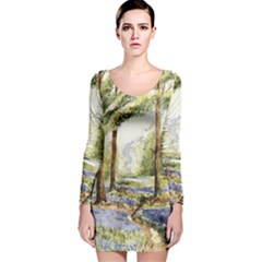 Trees Park Watercolor Lavender Flowers Foliage Long Sleeve Velvet Bodycon Dress