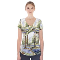 Trees Park Watercolor Lavender Flowers Foliage Short Sleeve Front Detail Top by Bangk1t