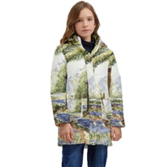 Trees Park Watercolor Lavender Flowers Foliage Kids  Hooded Longline Puffer Jacket by Bangk1t