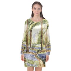 Trees Park Watercolor Lavender Flowers Foliage Long Sleeve Chiffon Shift Dress  by Bangk1t