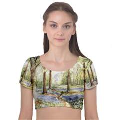 Trees Park Watercolor Lavender Flowers Foliage Velvet Short Sleeve Crop Top  by Bangk1t