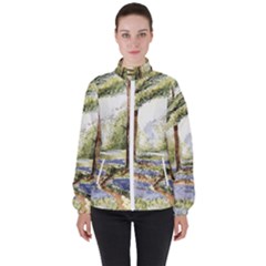 Trees Park Watercolor Lavender Flowers Foliage Women s High Neck Windbreaker by Bangk1t