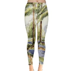 Trees Park Watercolor Lavender Flowers Foliage Inside Out Leggings by Bangk1t