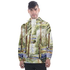 Trees Park Watercolor Lavender Flowers Foliage Men s Front Pocket Pullover Windbreaker