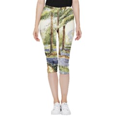 Trees Park Watercolor Lavender Flowers Foliage Inside Out Lightweight Velour Capri Leggings  by Bangk1t