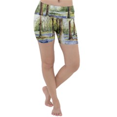 Trees Park Watercolor Lavender Flowers Foliage Lightweight Velour Yoga Shorts by Bangk1t