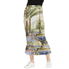 Trees Park Watercolor Lavender Flowers Foliage Maxi Fishtail Chiffon Skirt