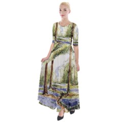 Trees Park Watercolor Lavender Flowers Foliage Half Sleeves Maxi Dress by Bangk1t