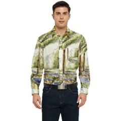 Trees Park Watercolor Lavender Flowers Foliage Men s Long Sleeve Pocket Shirt  by Bangk1t