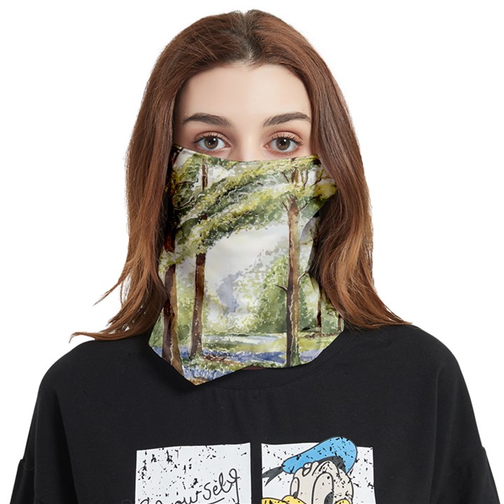 Trees Park Watercolor Lavender Flowers Foliage Face Covering Bandana (Two Sides)