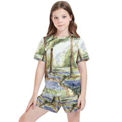 Trees Park Watercolor Lavender Flowers Foliage Kids  Tee And Sports Shorts Set by Bangk1t