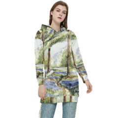 Trees Park Watercolor Lavender Flowers Foliage Women s Long Oversized Pullover Hoodie