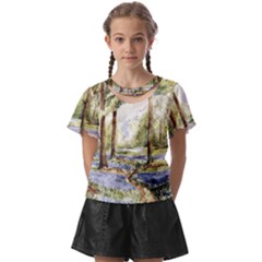 Trees Park Watercolor Lavender Flowers Foliage Kids  Front Cut Tee by Bangk1t