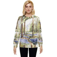 Trees Park Watercolor Lavender Flowers Foliage Hidden Pocket Sweatshirt