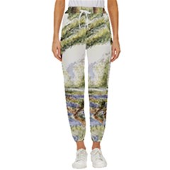 Trees Park Watercolor Lavender Flowers Foliage Women s Cropped Drawstring Pants by Bangk1t