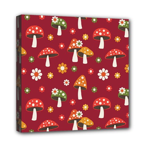 Woodland Mushroom And Daisy Seamless Pattern On Red Backgrounds Mini Canvas 8  X 8  (stretched) by Amaryn4rt